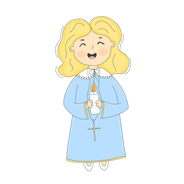 Vector cute little girl in a cassock dress holding a candle and singing a prayer vector illustration