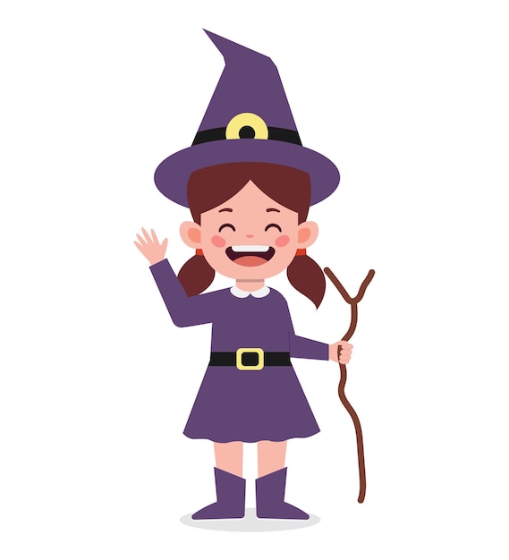 Cute little girl celebrate halloween wear witch costume cartoon illustration