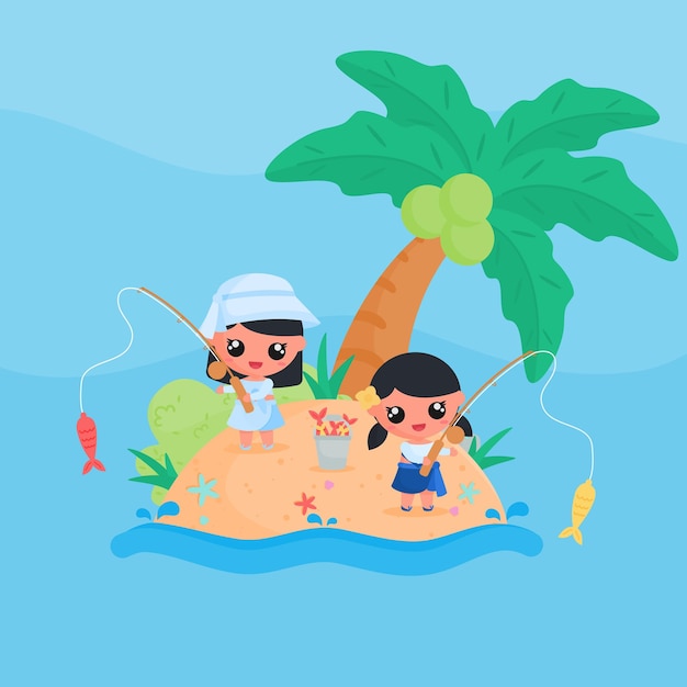 cute little girl character fishing at the beach in summer flat design cartoon style vector