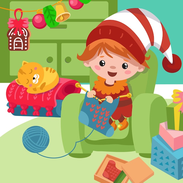 Cute little girl in Christmas hat and scarf knitting at home Vector illustration