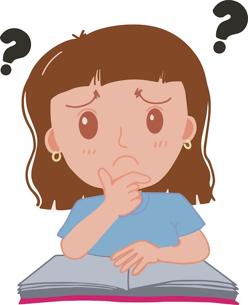 Cute little girl confused and thinking expression reading book with question mark illustration