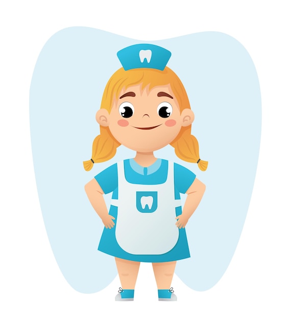 Vector cute little girl dentist character vector illustration blonde baby in dentistry blue doctor suit