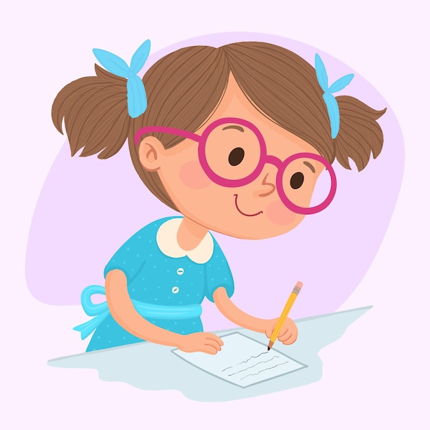 cute little girl on the desk studying writing on notebook doing her homework at home