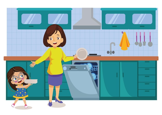Vettore lavastoviglie carina bambina che aiuta sua madre con i piatti