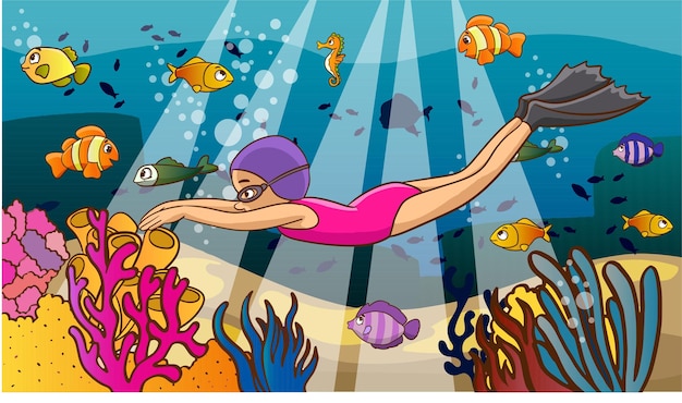 Illustrazione di vettore del fumetto dell'operatore subacqueo sveglio della bambina