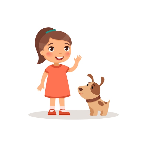 A cute little girl and a dog on a white background.