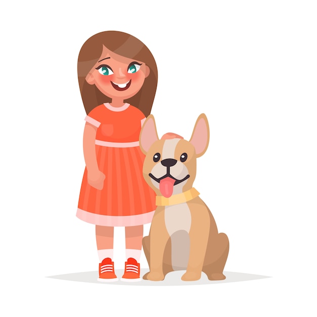 A cute little girl and a dog on white