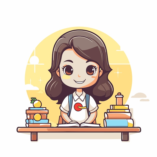 Cute little girl doing homework Vector illustration in cartoon style