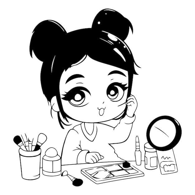 Vector cute little girl doing makeup in cartoon style