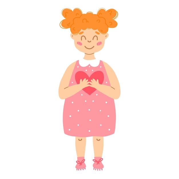 Vector cute little girl in a dress with a heart in her hands drawn style vector illustration redhead girl isolated