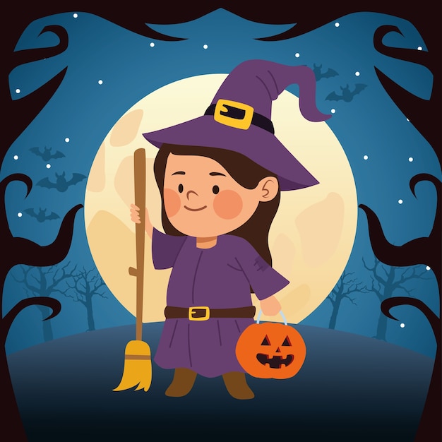 Cute little girl dressed as a witch and moon night vector illustration design