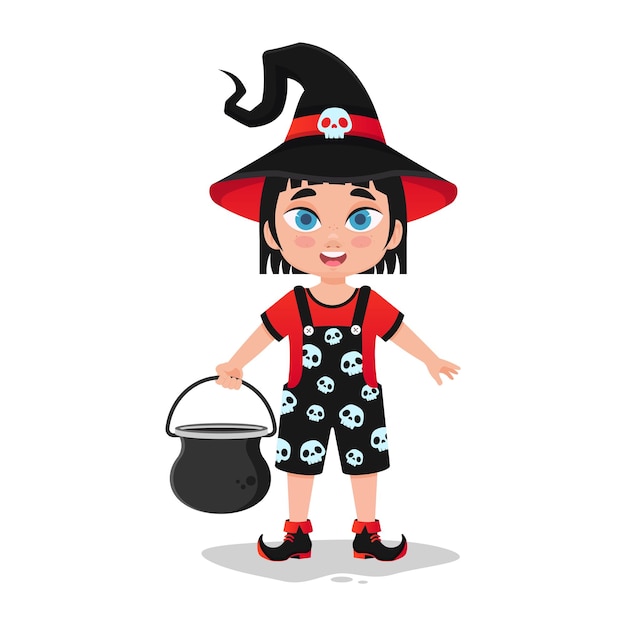 Cute little girl dressed as a witch with a candy pot