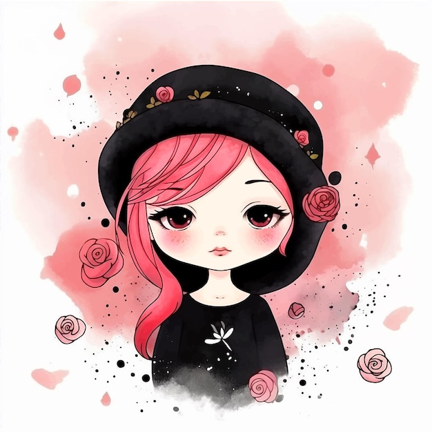 Cute little girl dressed in black watercolor ilustration