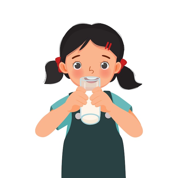 Vector cute little girl drinking a glass of milk