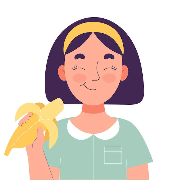 Vector cute little girl eating banana