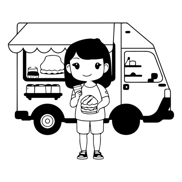 Vector cute little girl eating ice cream fast food truck