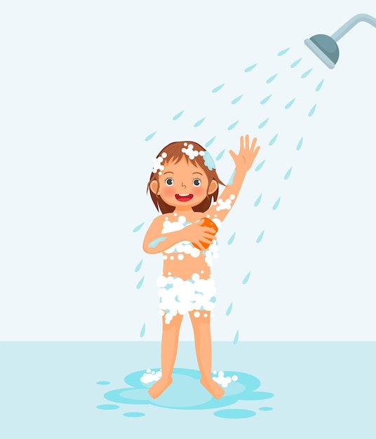 Cute little girl enjoying having shower in the bathroom with fluffy soap bubble