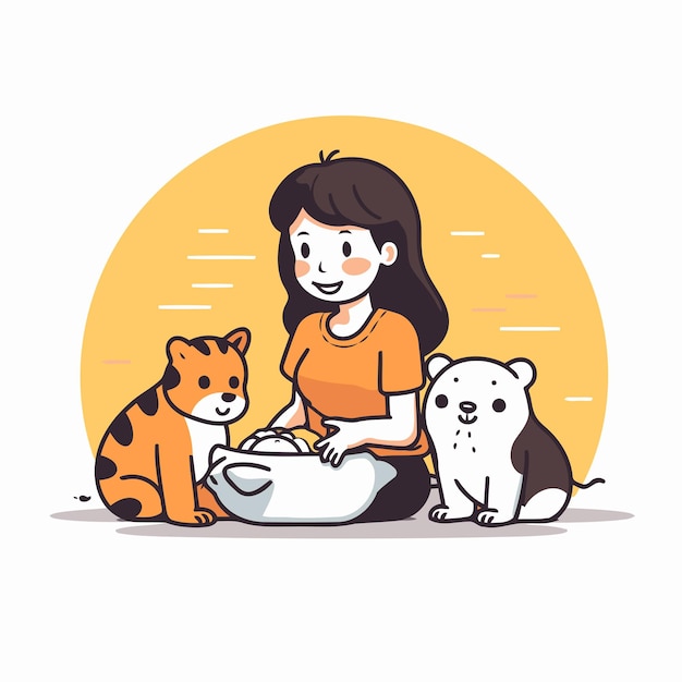 Cute little girl feeding cat and dog at home Vector illustration