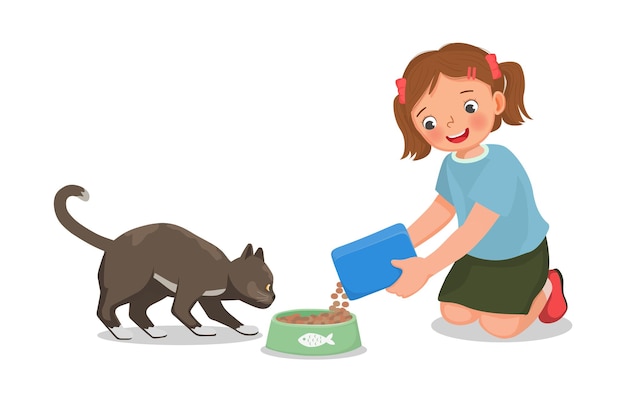 Vector cute little girl feeding her pet cat with animal food at home