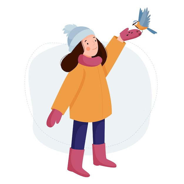 Cute little girl feeds the birds isolated on a white background. Vector flat illustration.