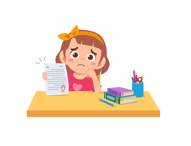 Vector cute little girl feel sad because get bad grade from exam