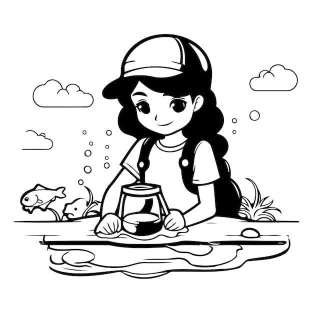 Cute little girl fishing on the lake Vector cartoon illustration