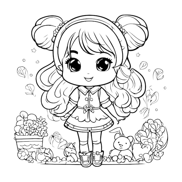 Cute little girl in the garden Coloring book for children