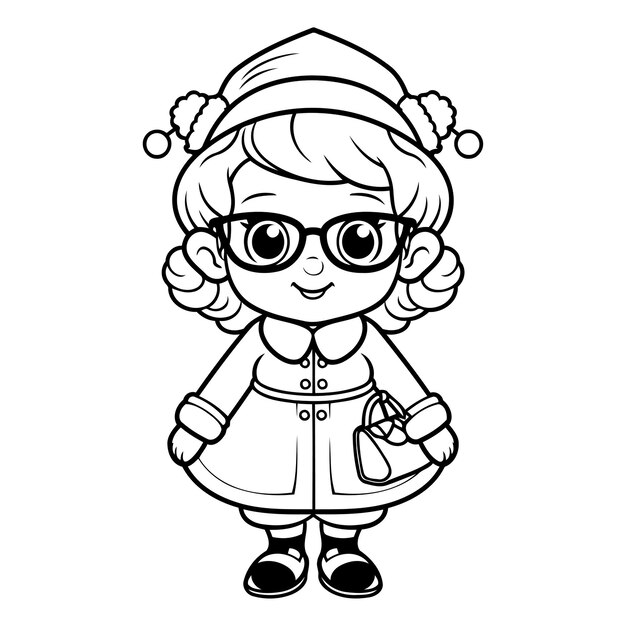 Vector cute little girl in glasses for coloring book