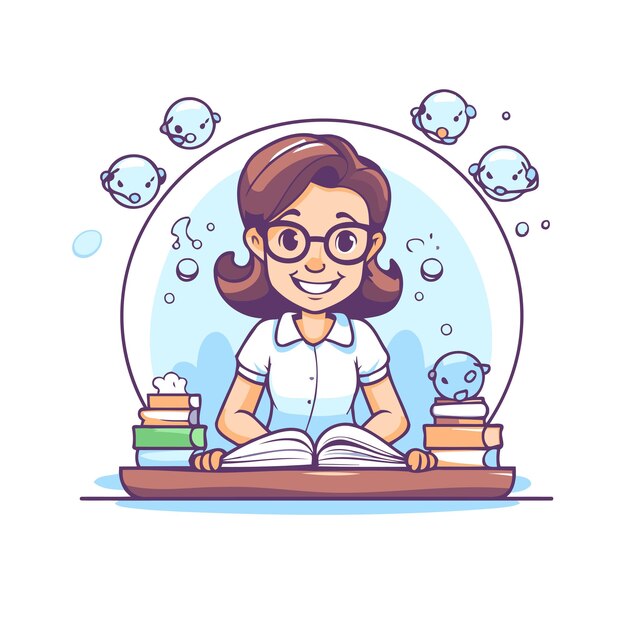 Vector cute little girl in glasses reading a book vector illustration