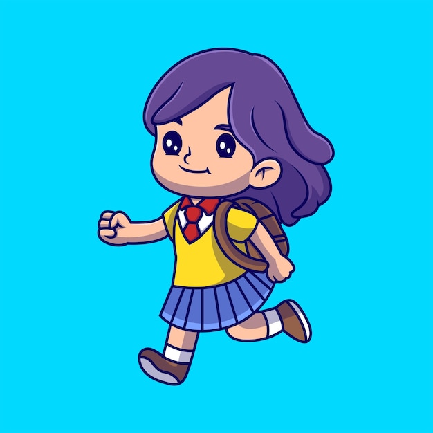 Cute a little girl go to school cartoon illustration Study icon concept Flat cartoon style