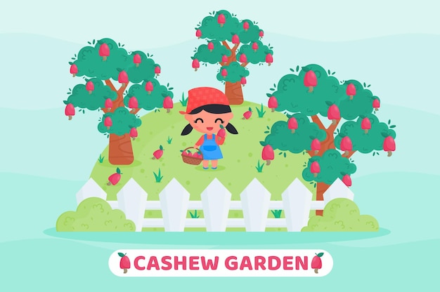 Cute little girl harvesting fruit in the cashew garden cartoon illustration