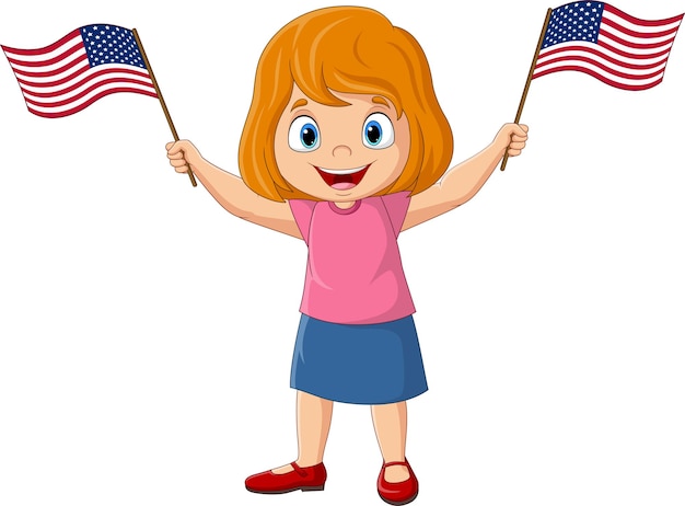 Vector cute little girl holding an american flags