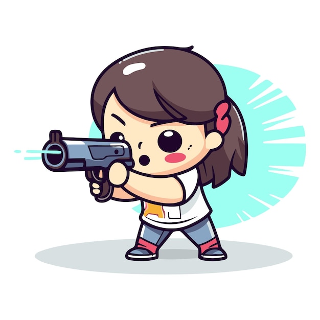 Vector cute little girl holding gun cartoon style