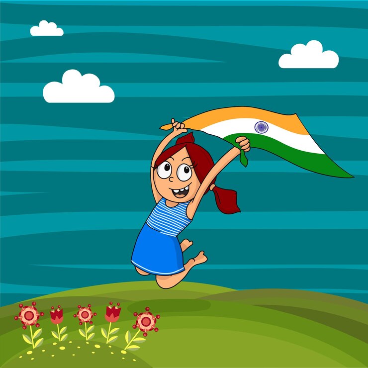 वेक्टर cute little girl holding indian national flag and jumping high on nature background for independence day celebration