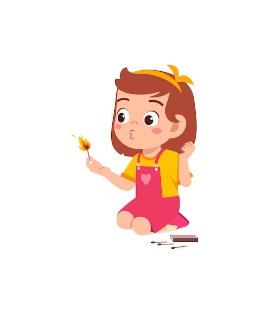 Cute little girl holding match stick with fire