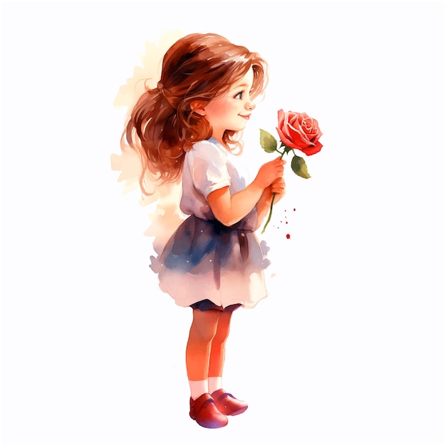 手にバラを握っているかわいい小さな女の子水彩画