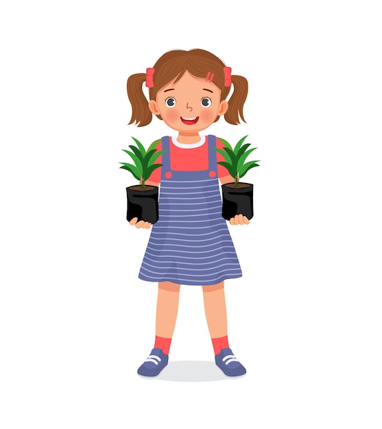 Вектор Милая маленькая девочка держит саженцы растений в черных полиэтиленовых пакетах, готовых к посадке в саду