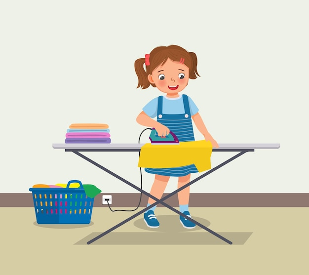 Cute little girl ironing clothes doing daily chores housework activity