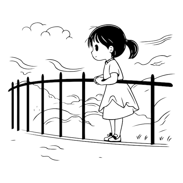 A cute little girl is standing on the bridge