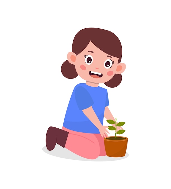 Cute little girl is taking care of plants cartoon illustration