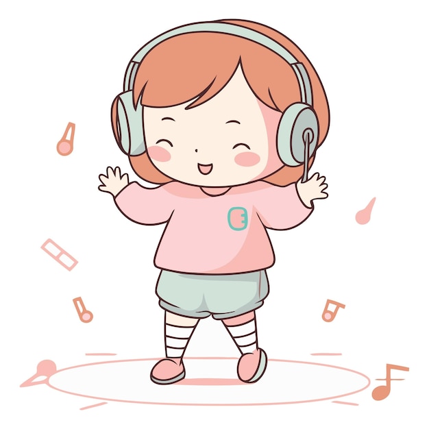 Vector cute little girl listening to music with headphones