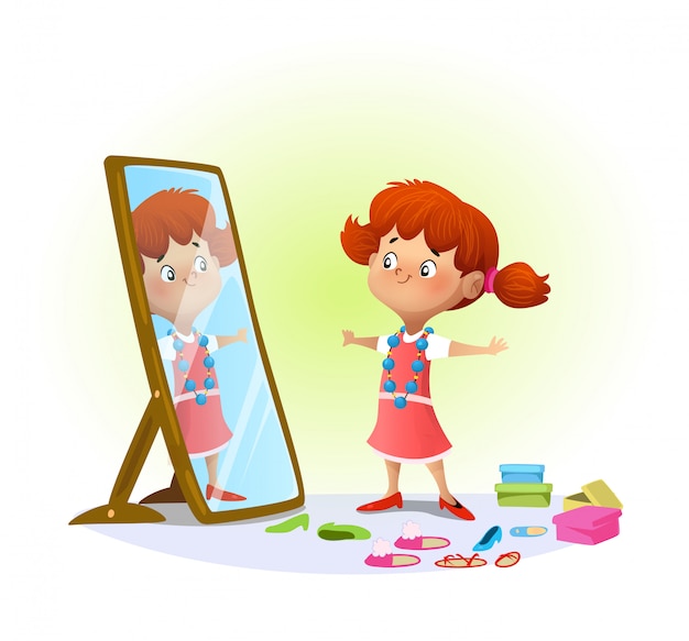 cute little girl looking in the mirror