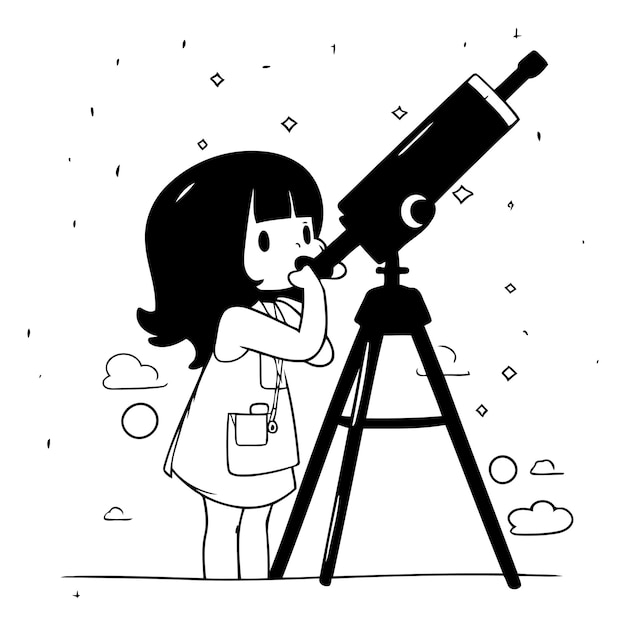 Милая девочка смотрит через телескоп Векторная мультфильмная иллюстрация