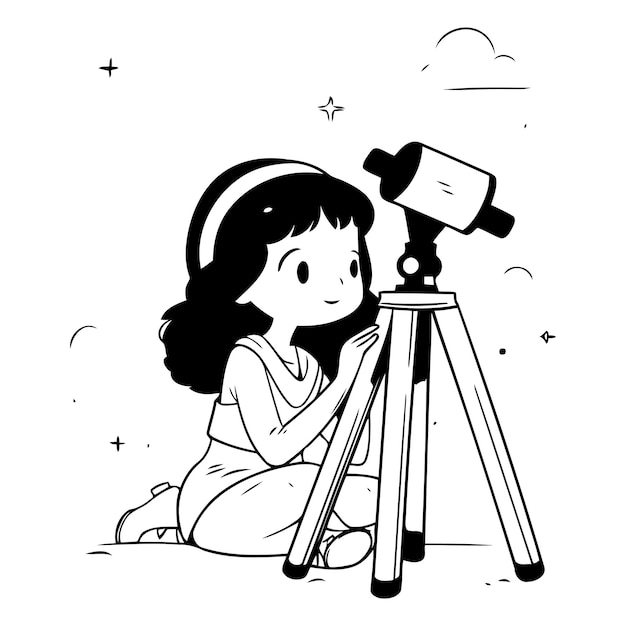 Cute little girl looking through a telescope Vector cartoon illustration