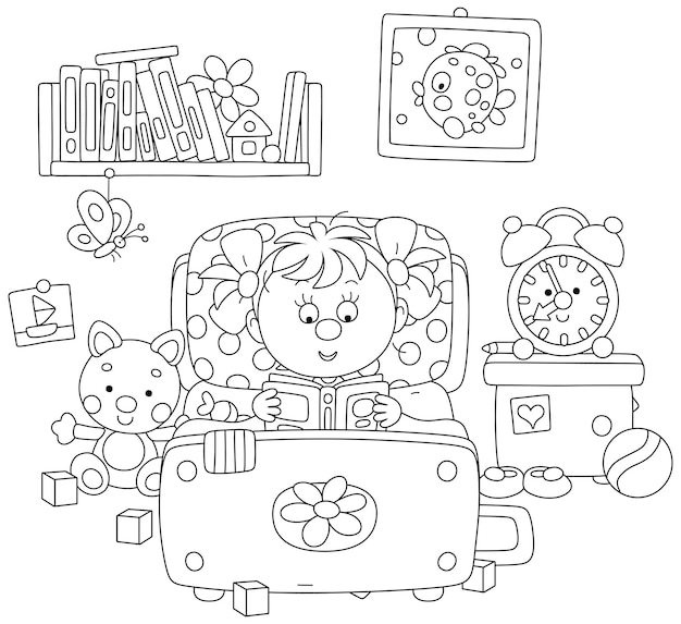 Vector cute little girl lying in her pretty small bed and reading an interesting book with fairy tales