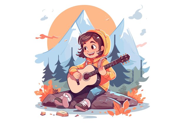 Cute little girl near burning campfire sitting and playing guitar engaged in hiking and trekking flat graphic vector illustrations isolated on white background