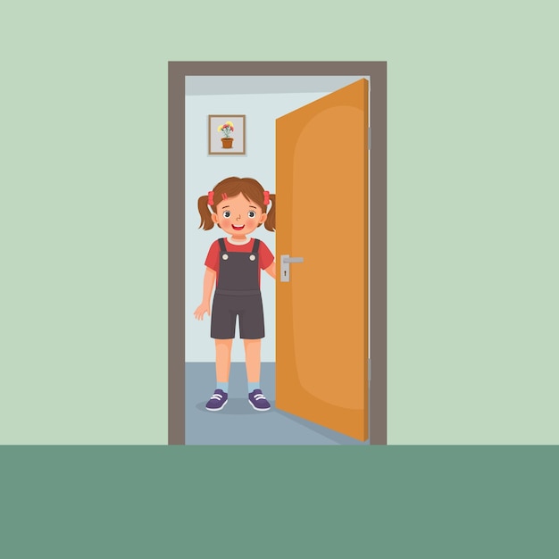 cute little girl opening the door