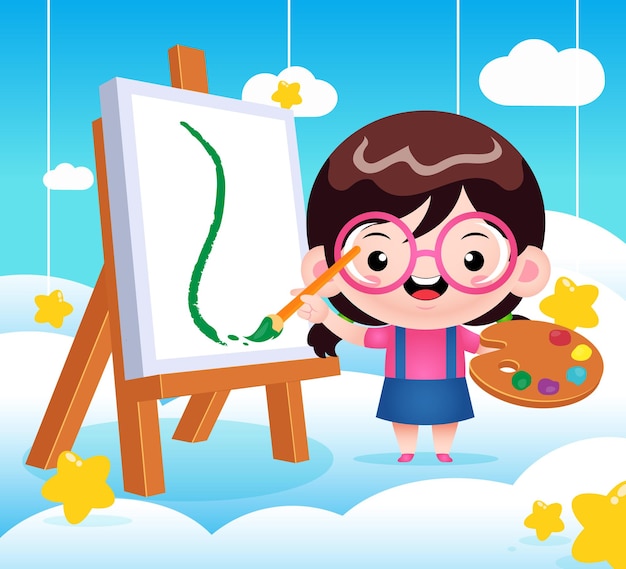 Vector cute little girl painting on cloud