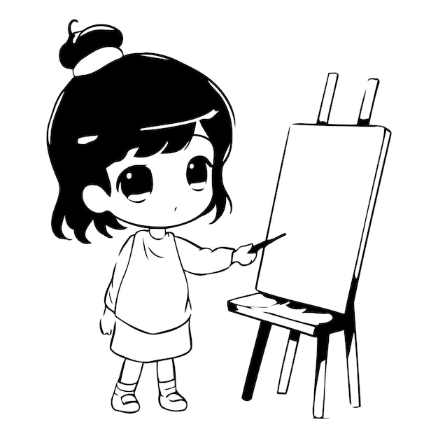 Vector cute little girl painting on easel vector cartoon illustration