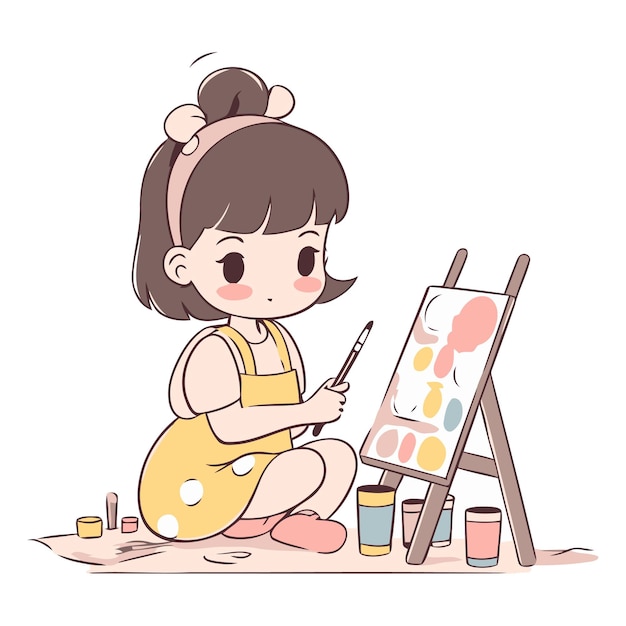 ベクトル 小さな可愛い女の子が絵台に描いている